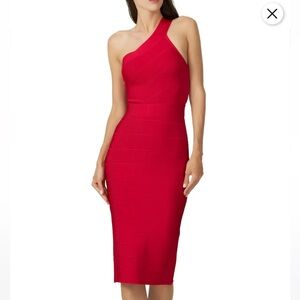 Herve Leger One Shoulder Body Con Dress in Dark Crimson